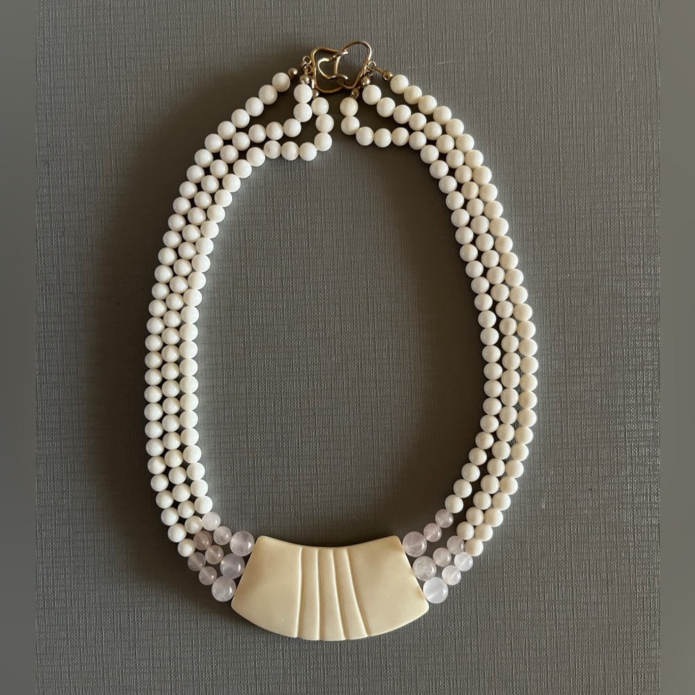 Vintage 50’s possibly antique, three-strand carved cream bead necklace 18”